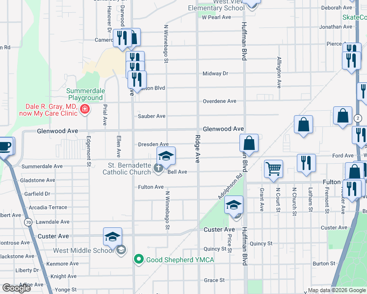 map of restaurants, bars, coffee shops, grocery stores, and more near 2128 Dresden Avenue in Rockford