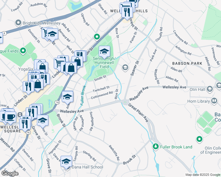 map of restaurants, bars, coffee shops, grocery stores, and more near 39 Twitchell Street in Wellesley
