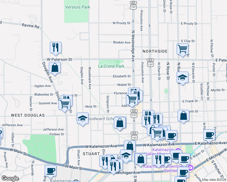 map of restaurants, bars, coffee shops, grocery stores, and more near 634 Florence Street in Kalamazoo