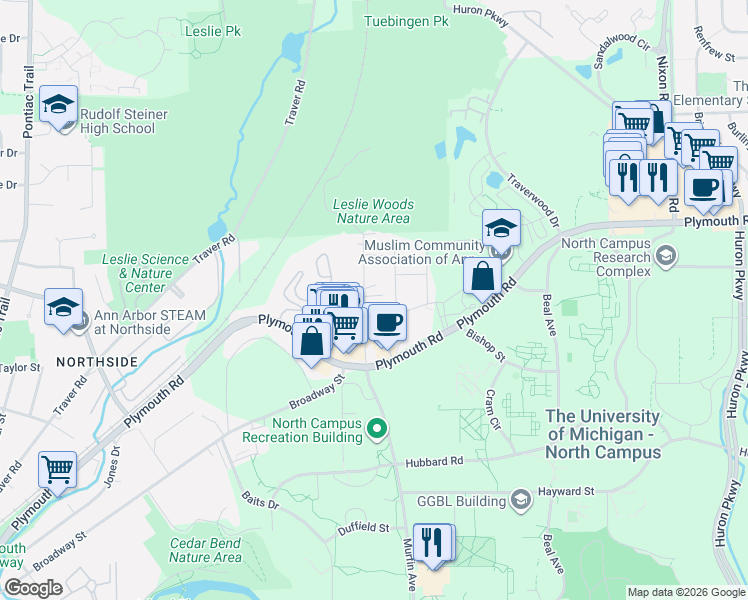 map of restaurants, bars, coffee shops, grocery stores, and more near 1868 Upland Drive in Ann Arbor