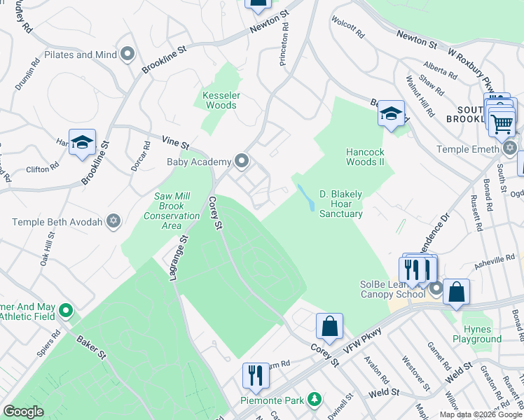 map of restaurants, bars, coffee shops, grocery stores, and more near 33 Westgate Road in Boston