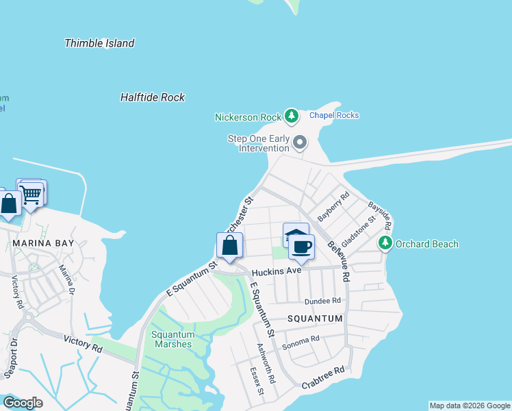 map of restaurants, bars, coffee shops, grocery stores, and more near 87 Dorchester Street in Quincy