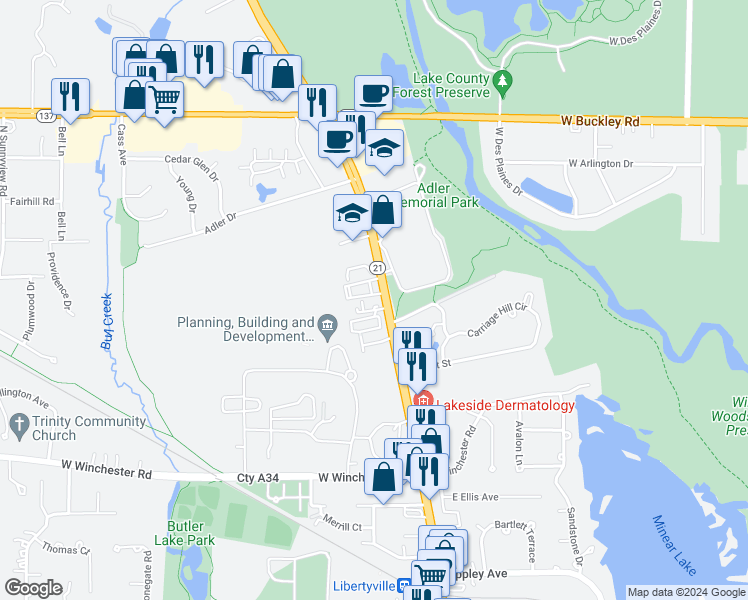 map of restaurants, bars, coffee shops, grocery stores, and more near 1507 North Milwaukee Avenue in Libertyville