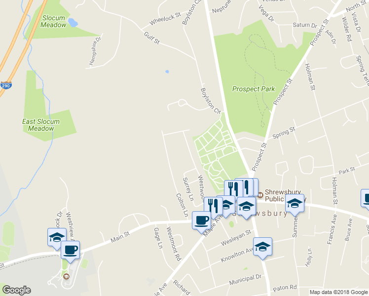 map of restaurants, bars, coffee shops, grocery stores, and more near 61 Westwood Road in Shrewsbury