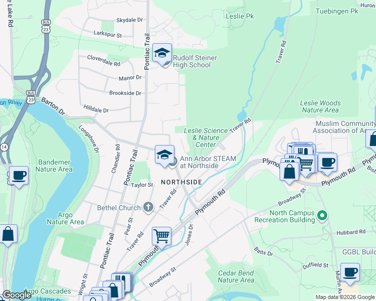 map of restaurants, bars, coffee shops, grocery stores, and more near 1730 David Court in Ann Arbor