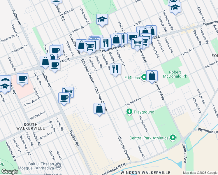 map of restaurants, bars, coffee shops, grocery stores, and more near 2397 Alexis Road in Windsor