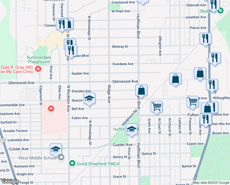 map of restaurants, bars, coffee shops, grocery stores, and more near 2016 Dresden Avenue in Rockford