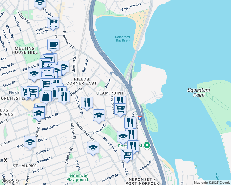 map of restaurants, bars, coffee shops, grocery stores, and more near 64 Ashland Street in Boston