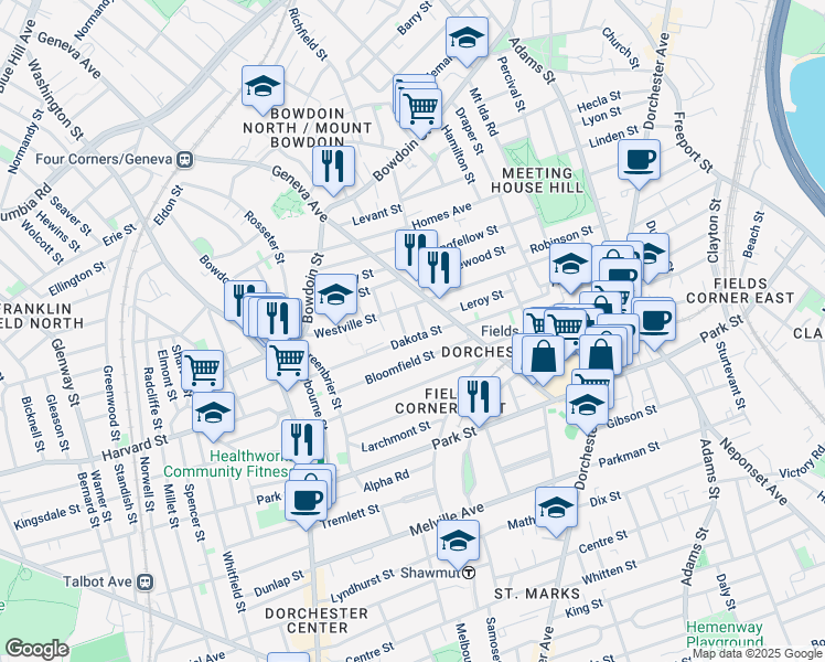 map of restaurants, bars, coffee shops, grocery stores, and more near 98 Dakota Street in Boston