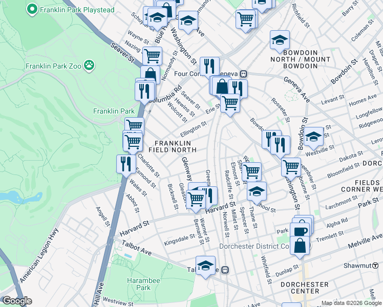 map of restaurants, bars, coffee shops, grocery stores, and more near 32 Harlem Street in Boston