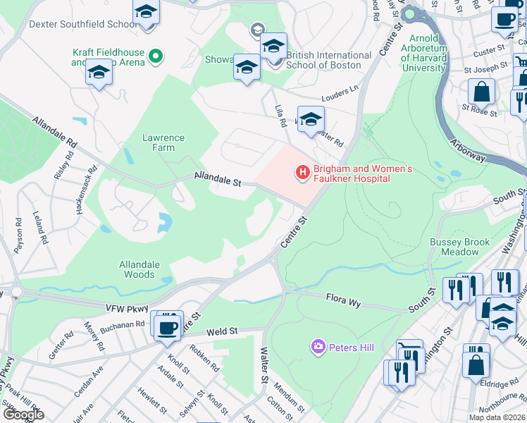 map of restaurants, bars, coffee shops, grocery stores, and more near 12 Brownson Terrace in Boston
