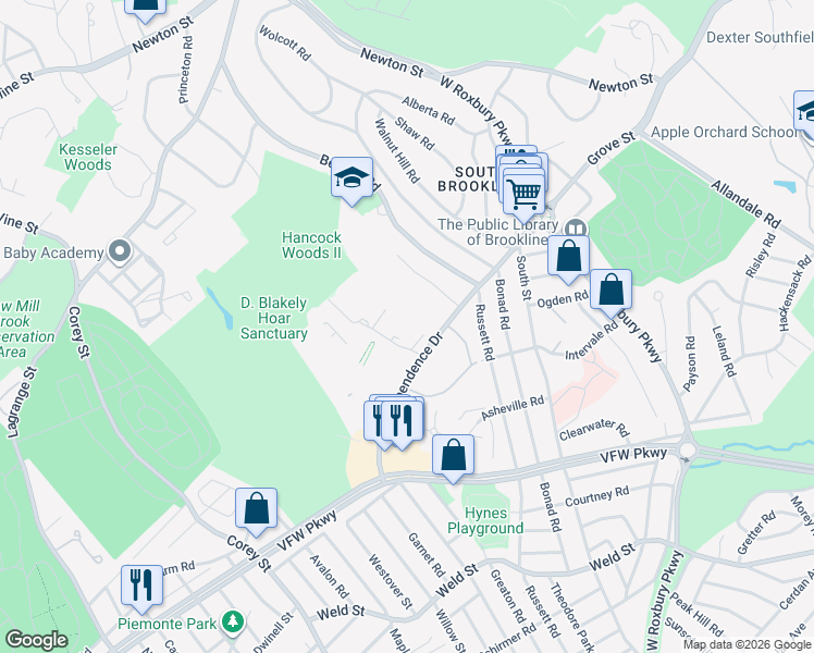 map of restaurants, bars, coffee shops, grocery stores, and more near 54 Gerry Road in Brookline
