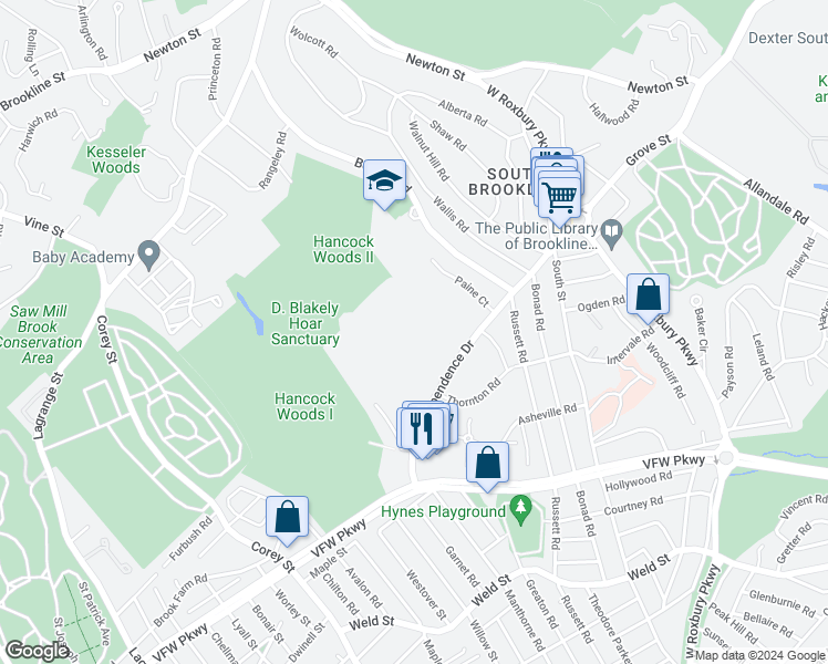 map of restaurants, bars, coffee shops, grocery stores, and more near 54 Gerry Road in Brookline