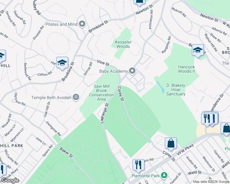 map of restaurants, bars, coffee shops, grocery stores, and more near 570 Corey Street in Boston