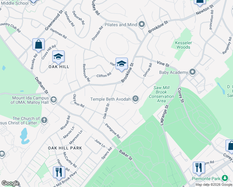map of restaurants, bars, coffee shops, grocery stores, and more near 21 Puddingstone Lane in Newton