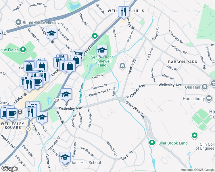 map of restaurants, bars, coffee shops, grocery stores, and more near 39 Twitchell Street in Wellesley
