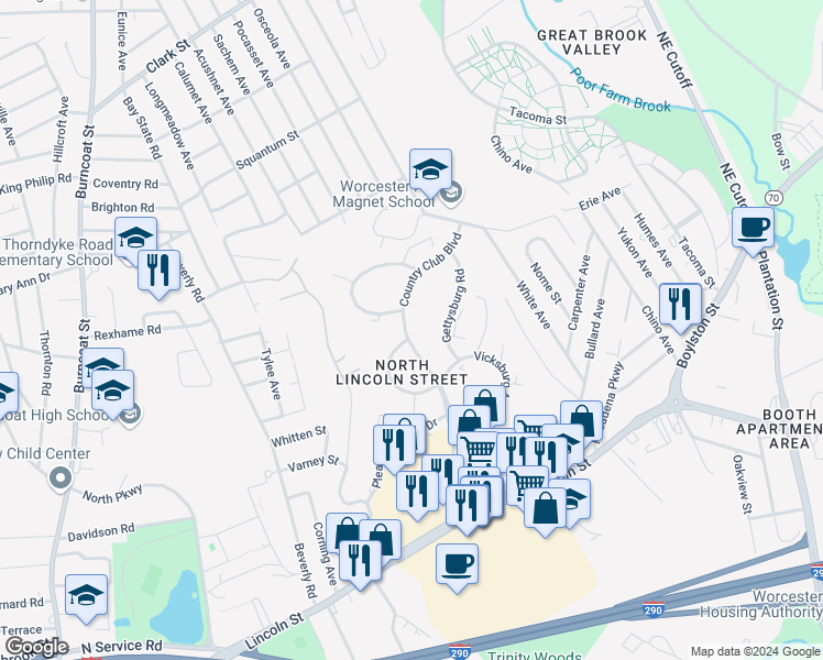 map of restaurants, bars, coffee shops, grocery stores, and more near 122 Country Club Boulevard in Worcester
