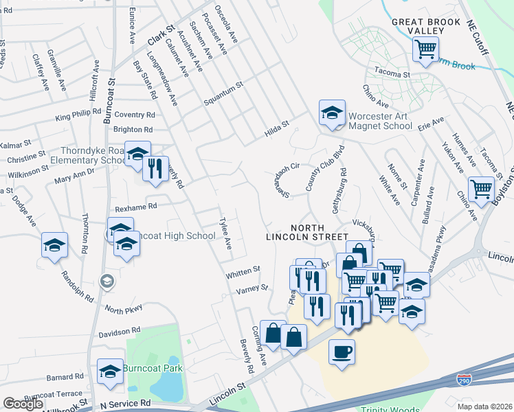 map of restaurants, bars, coffee shops, grocery stores, and more near 28 Paper Birch Path in Worcester