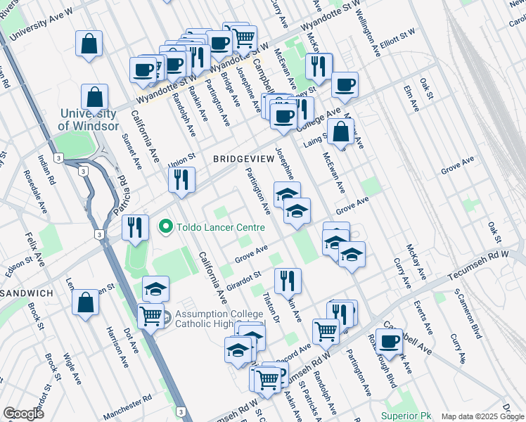map of restaurants, bars, coffee shops, grocery stores, and more near 997 Partington Avenue in Windsor