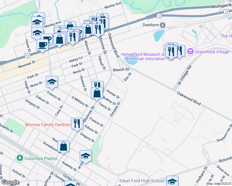 map of restaurants, bars, coffee shops, grocery stores, and more near 21523 Edna Street in Dearborn