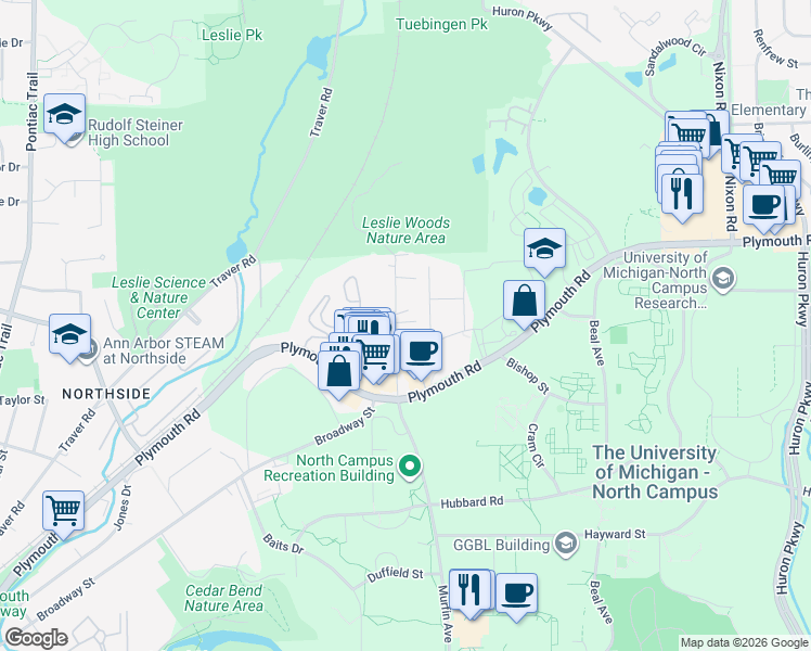 map of restaurants, bars, coffee shops, grocery stores, and more near 1868 Upland Drive in Ann Arbor