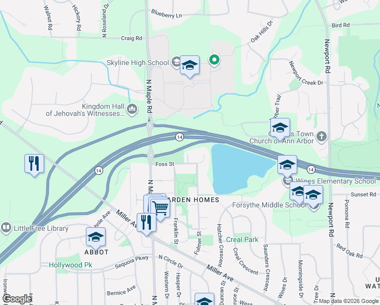 map of restaurants, bars, coffee shops, grocery stores, and more near 2250 Foss Street in Ann Arbor
