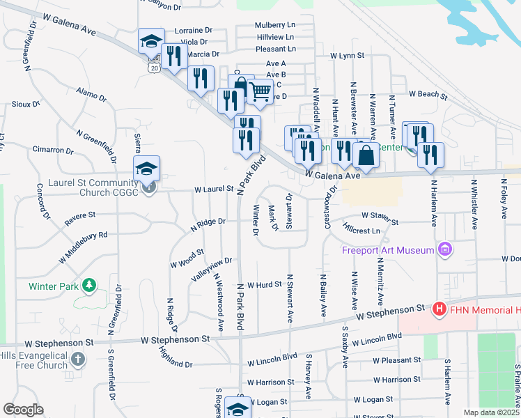 map of restaurants, bars, coffee shops, grocery stores, and more near 1437 Winter Drive in Freeport