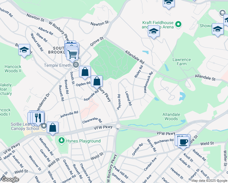 map of restaurants, bars, coffee shops, grocery stores, and more near 31 Baker Circle in Brookline