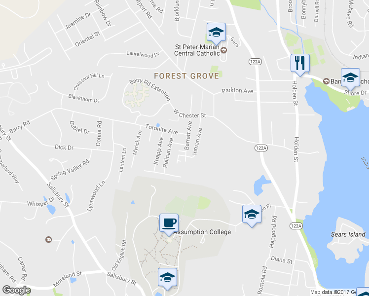 map of restaurants, bars, coffee shops, grocery stores, and more near 25 Barrett Avenue in Worcester
