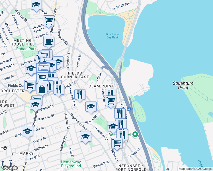 map of restaurants, bars, coffee shops, grocery stores, and more near 64 Ashland Street in Boston