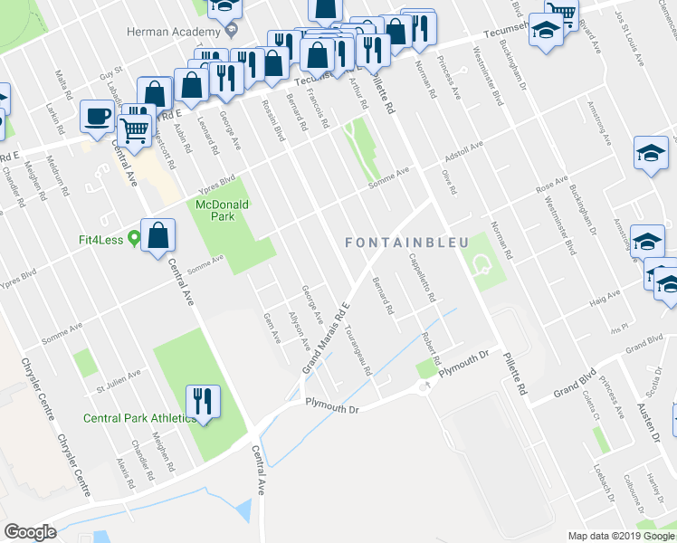 map of restaurants, bars, coffee shops, grocery stores, and more near 2593 Rossini Boulevard in Windsor