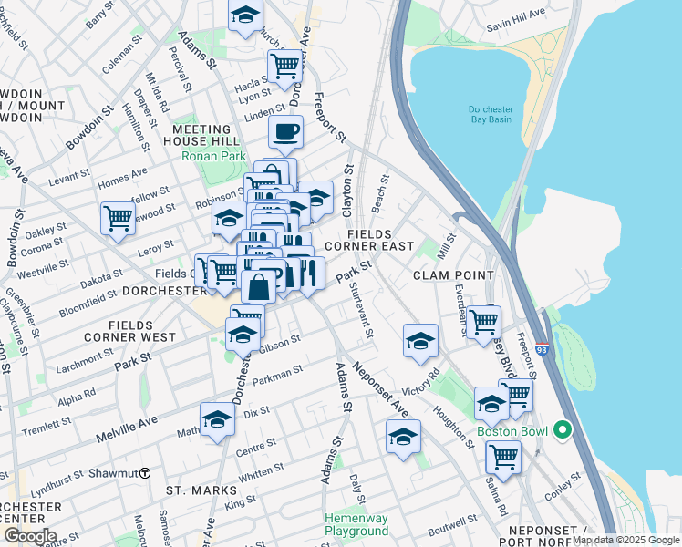 map of restaurants, bars, coffee shops, grocery stores, and more near 77 Park Street in Boston