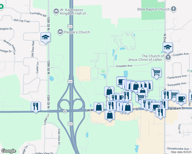 map of restaurants, bars, coffee shops, grocery stores, and more near 5598 Summer Ridge Hill in Kalamazoo