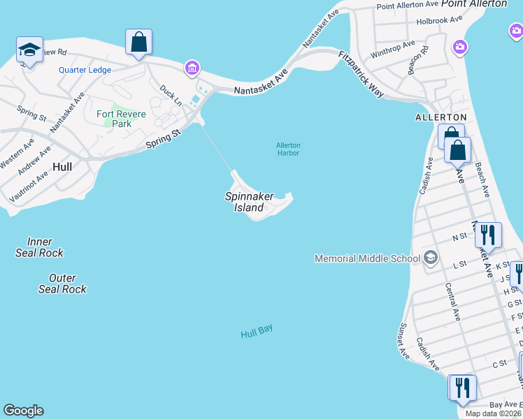 map of restaurants, bars, coffee shops, grocery stores, and more near 22 Marina Drive in Hull