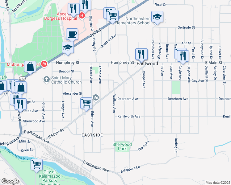 map of restaurants, bars, coffee shops, grocery stores, and more near 822 Wallace Avenue in Kalamazoo
