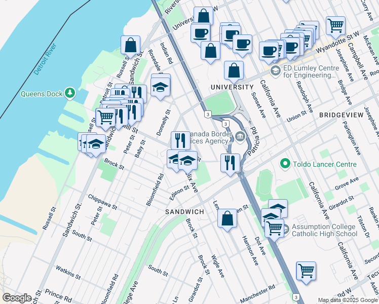 map of restaurants, bars, coffee shops, grocery stores, and more near 732 Mill Street in Windsor