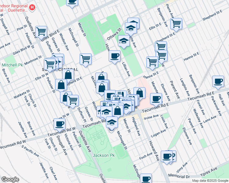 map of restaurants, bars, coffee shops, grocery stores, and more near 444 Hanna Street East in Windsor