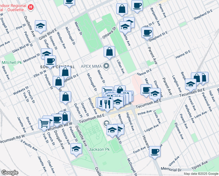 map of restaurants, bars, coffee shops, grocery stores, and more near 444 Hanna Street East in Windsor