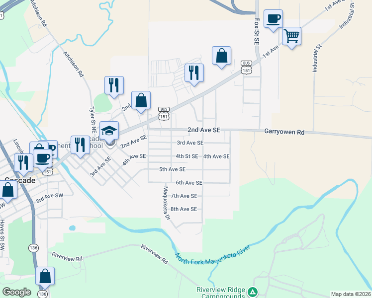 map of restaurants, bars, coffee shops, grocery stores, and more near 916 3rd Avenue Southeast in Cascade