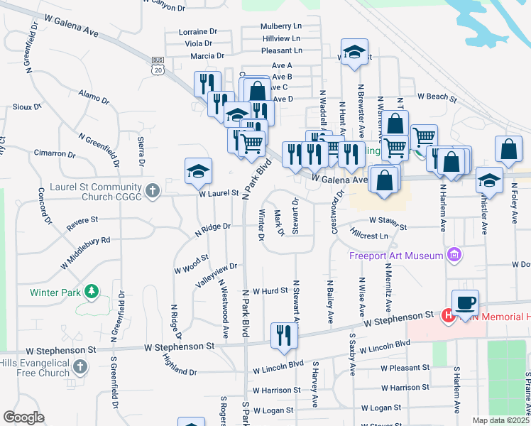 map of restaurants, bars, coffee shops, grocery stores, and more near 1437 Winter Drive in Freeport