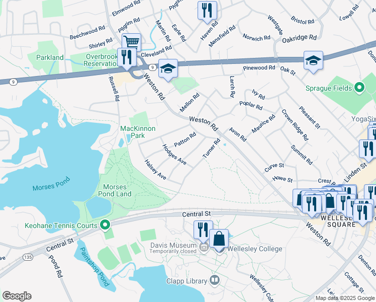 map of restaurants, bars, coffee shops, grocery stores, and more near 19 Marshall Road in Wellesley