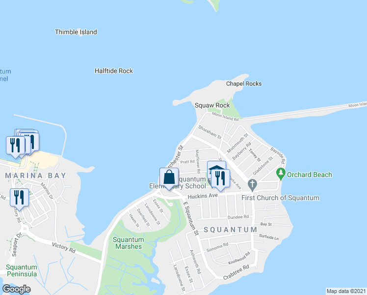 map of restaurants, bars, coffee shops, grocery stores, and more near 87 Dorchester Street in Quincy