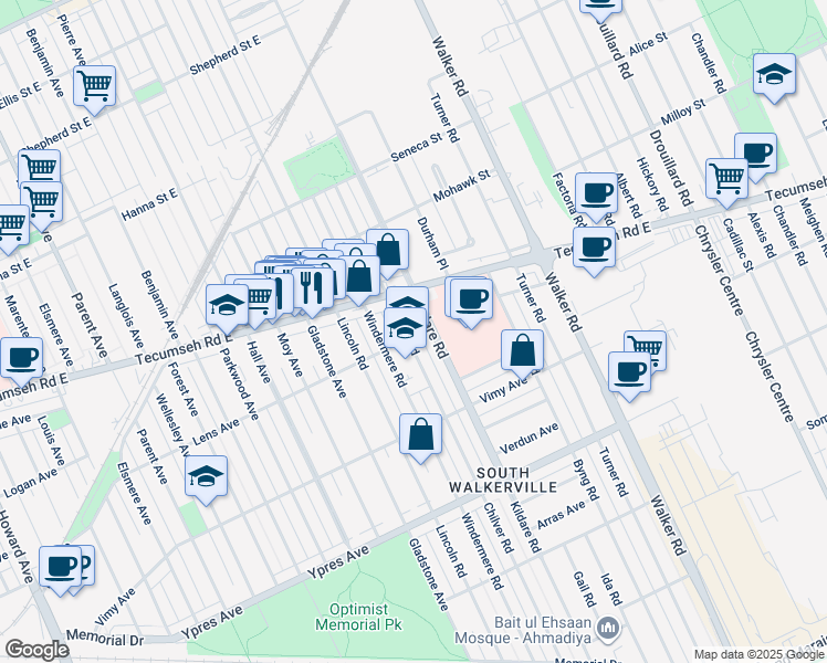 map of restaurants, bars, coffee shops, grocery stores, and more near 2194 Chilver Road in Windsor