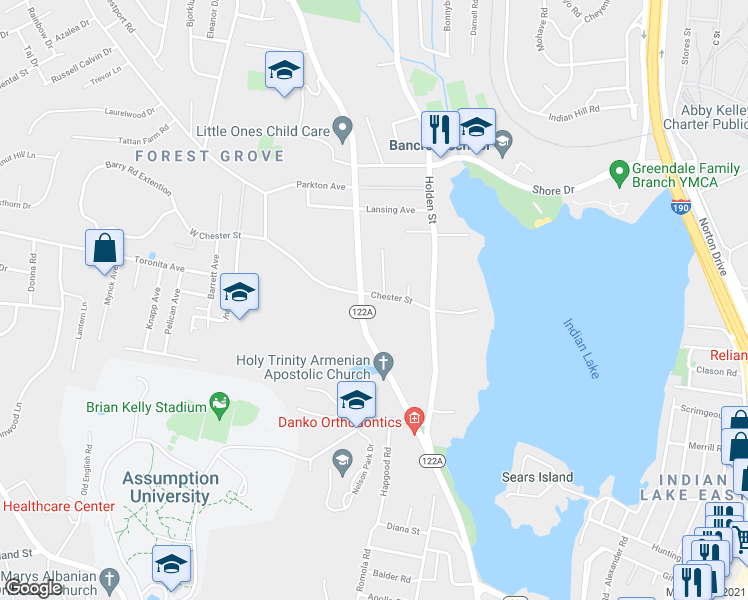 map of restaurants, bars, coffee shops, grocery stores, and more near 674 Grove Street in Worcester