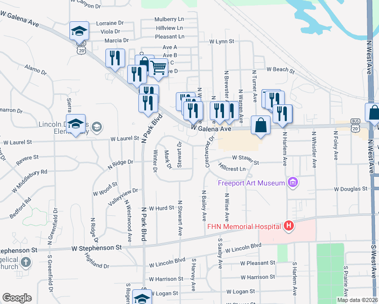 map of restaurants, bars, coffee shops, grocery stores, and more near 1509 Winter Drive in Freeport