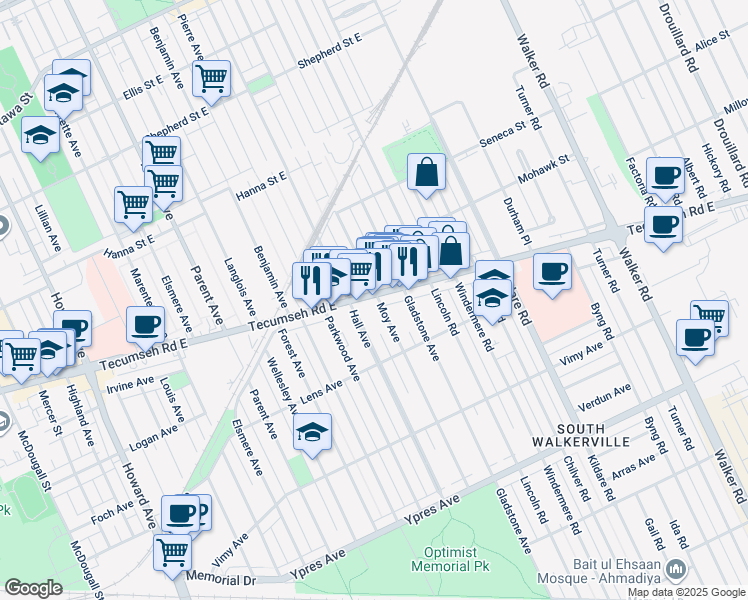 map of restaurants, bars, coffee shops, grocery stores, and more near 1395 Tecumseh Road East in Windsor