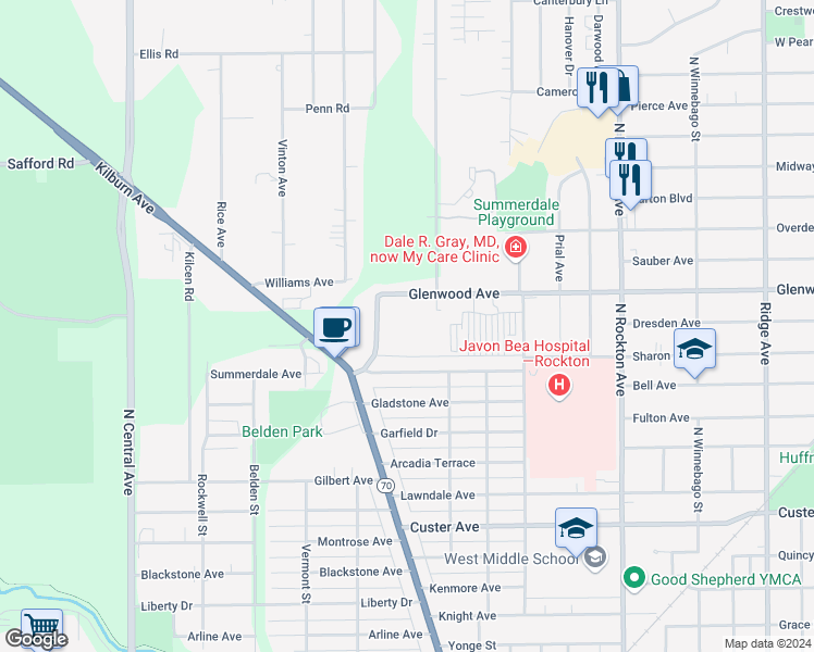 map of restaurants, bars, coffee shops, grocery stores, and more near 3320 Glenwood Avenue in Rockford