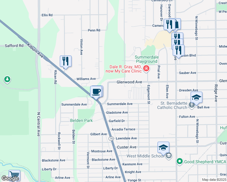 map of restaurants, bars, coffee shops, grocery stores, and more near 3320 Glenwood Avenue in Rockford