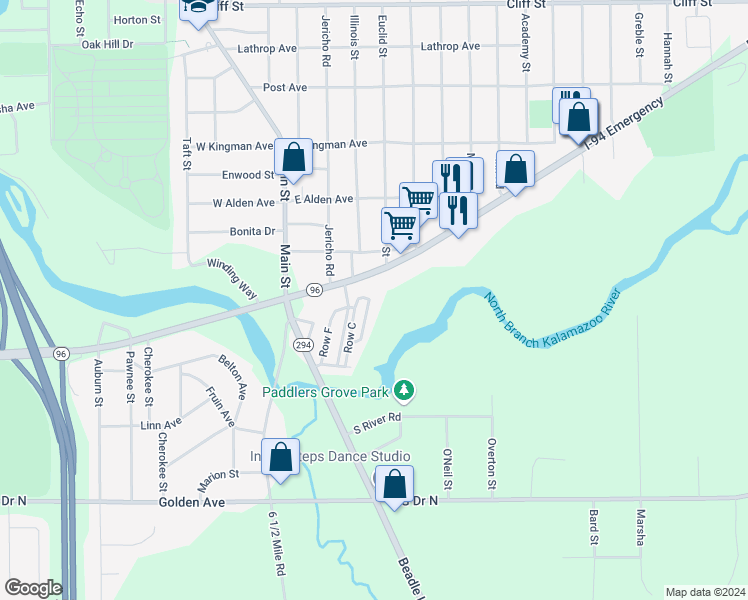 map of restaurants, bars, coffee shops, grocery stores, and more near 1030 East Columbia Avenue in Battle Creek