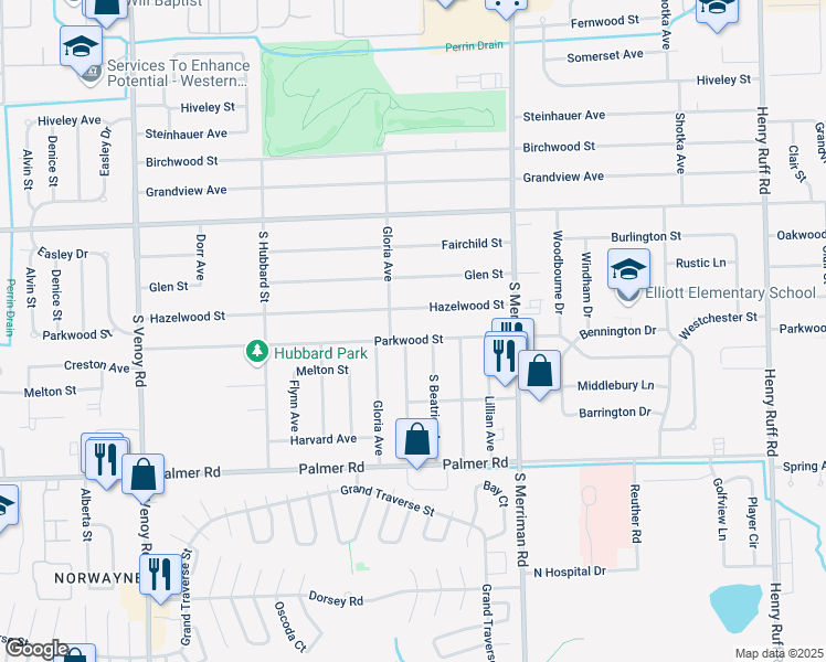 map of restaurants, bars, coffee shops, grocery stores, and more near 31750 Parkwood Street in Westland